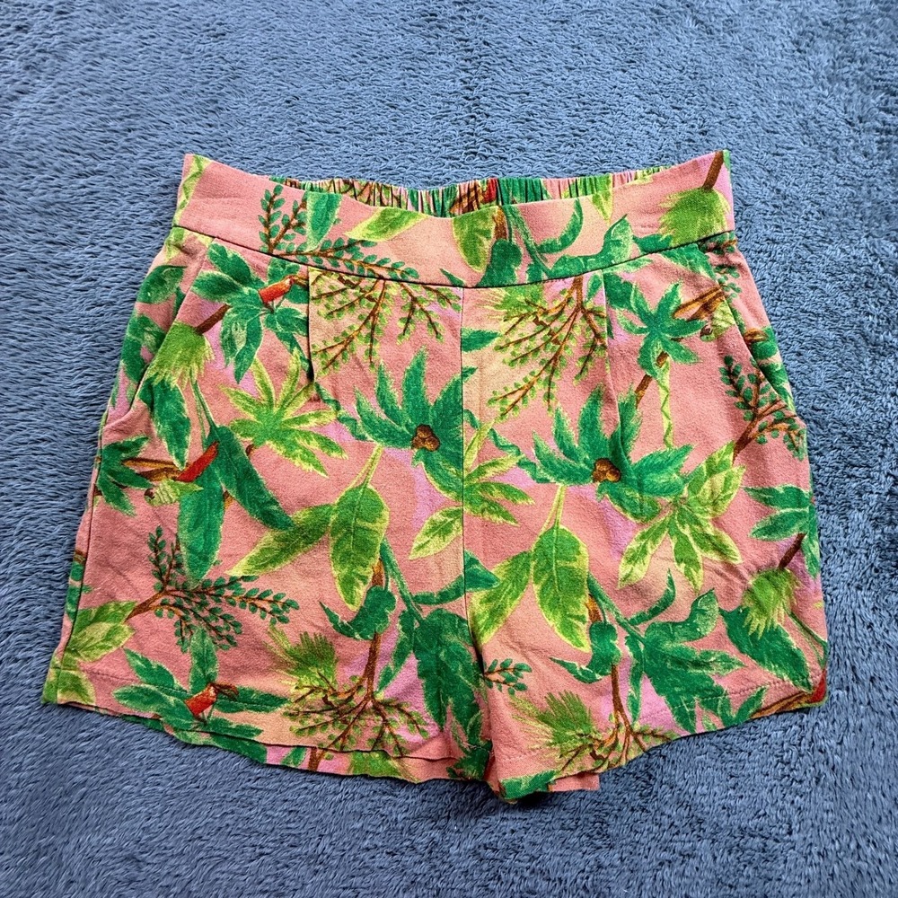 Monteau Los Angeles Women L Pink Green Tropical Floral Linen Blend Shorts